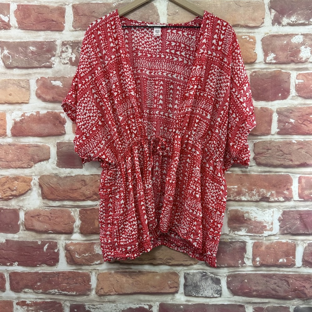 Victorias Secret Top Women's OS Red Heart Print Casual Tie Front Shirt Topper